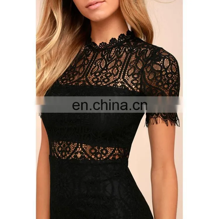 2017 fashion short sleeve black lace midi bodycon dress