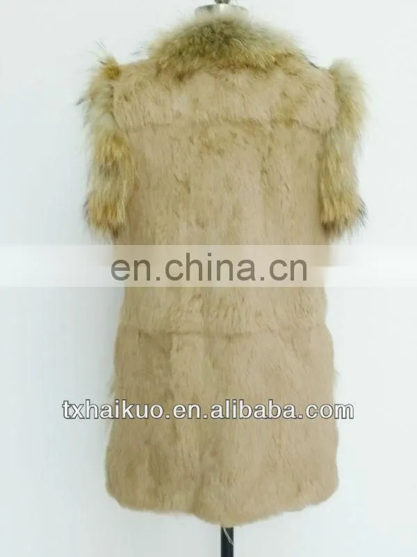 rabbit fur body and raccoon fur trimming sleeveless coats for women