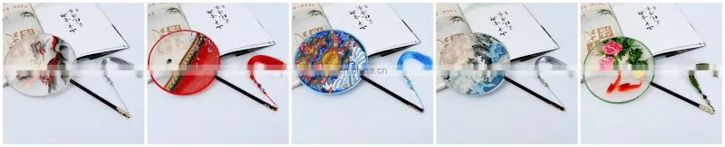 Chinese style multi-pattern silk embroidery dual-faced handmade round fan with long handle and tassel pendant(19*37cm)