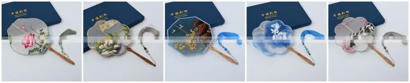 Chinese style multi-pattern silk embroidery handmade fan with wooden handle and tassel pendant