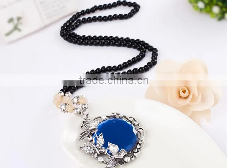 Fashion Jewelry Circle Shaped Crystal Pendant Necklace Beads Chain Long Necklace