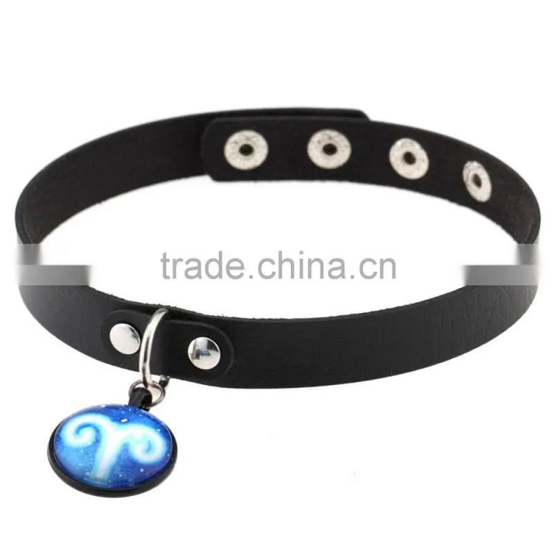 Fashion Women Man Round Zodiac Pendant Necklace Leather Chain Necklace Choker Vintage Jewelry