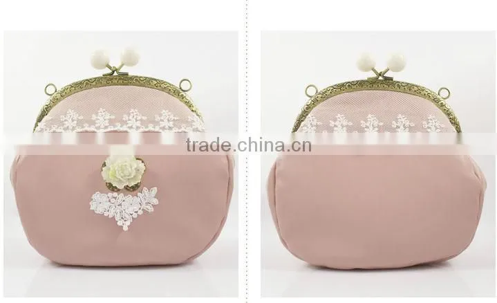 Mini metal openning bag lace decoration pink leather promotional bag