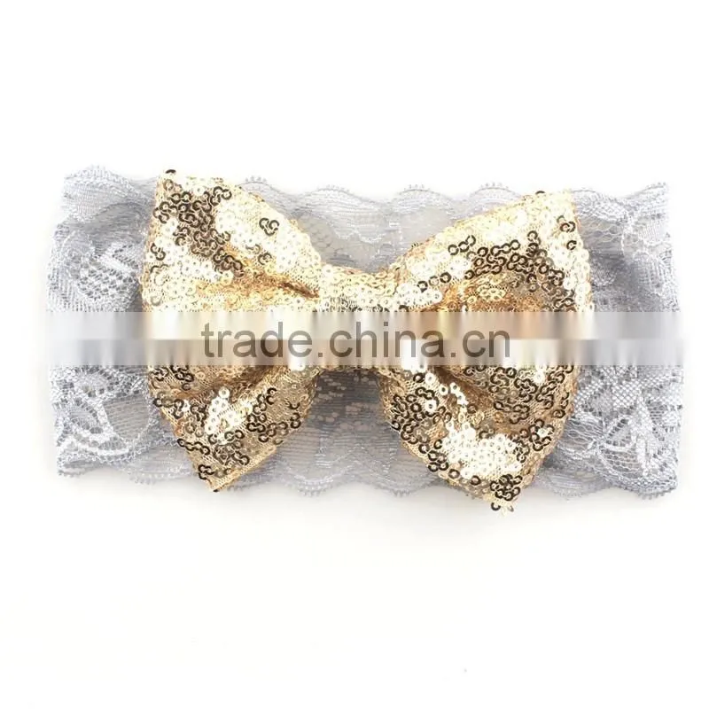 Sequin bowkont lace headwraps - fabric knitted bow elastic headband-flashing bow headbands