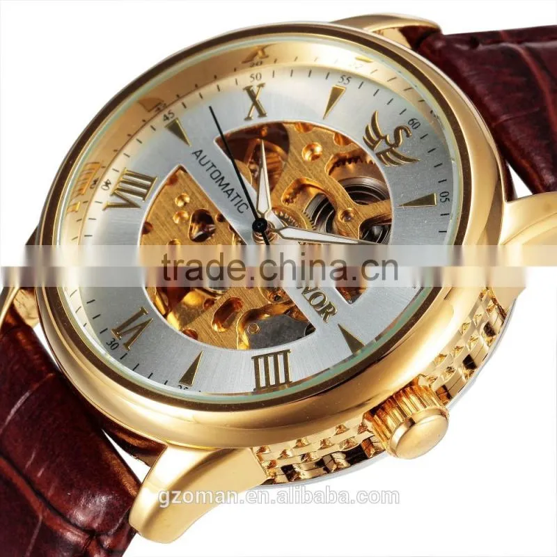 luxury genuine leather men watch gold skeleton automatic watch bracelet casual watch