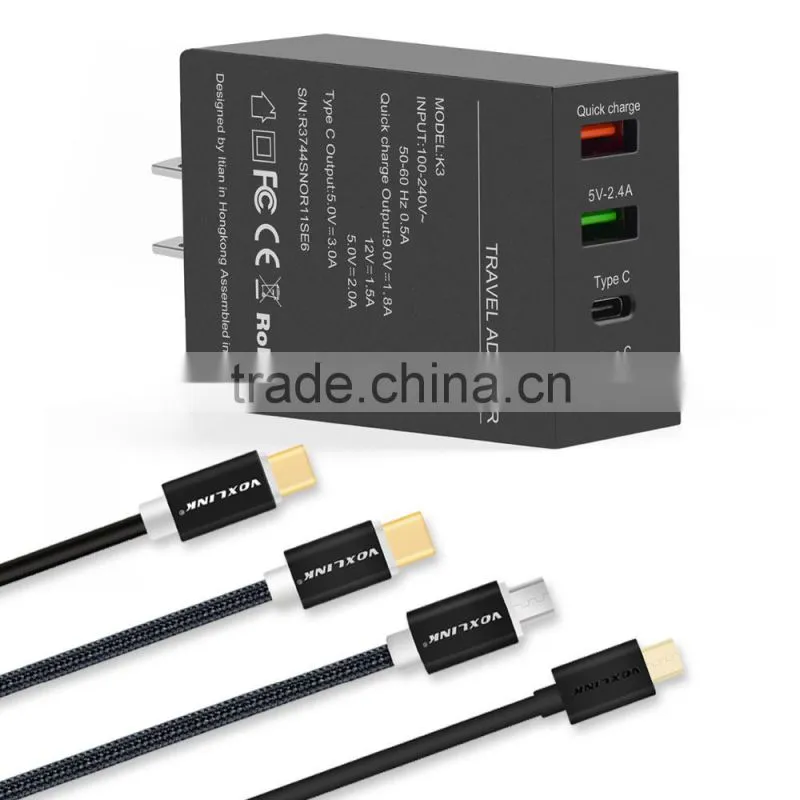 VOXLINK 5V 3A 2 ports usb type c +quick charge 3.0 usb+5v 2.4a usb travel charger adapter with us plug