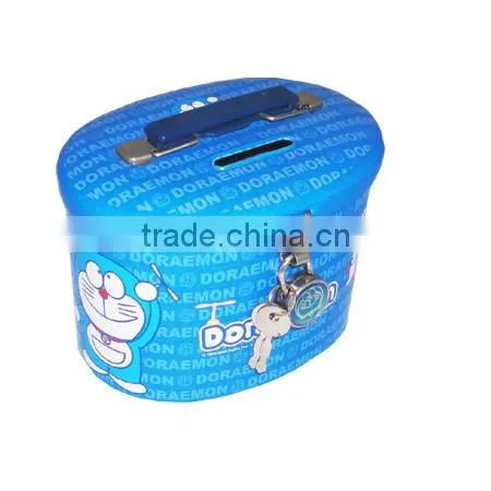 OEM empty oval shape blue color piggy bank tin can