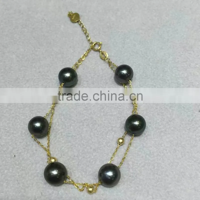 AAA 7.5-8mm black Japanese Akoya pearl with gold chain bracelet