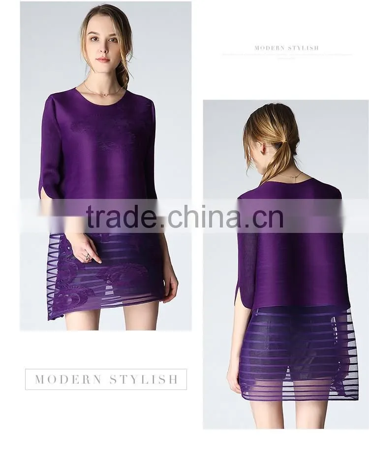 Woman pleat round neck flower splicing loose dresses wholesale