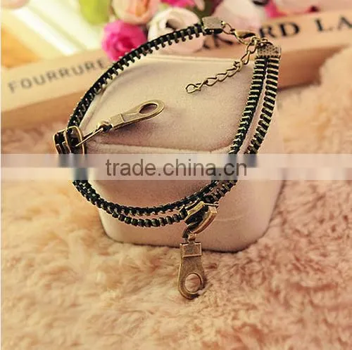 Fashion Jewelry Punk Retro Zipper Anklet Bracelet Double Chain Bangle Bronze for Girl Boys