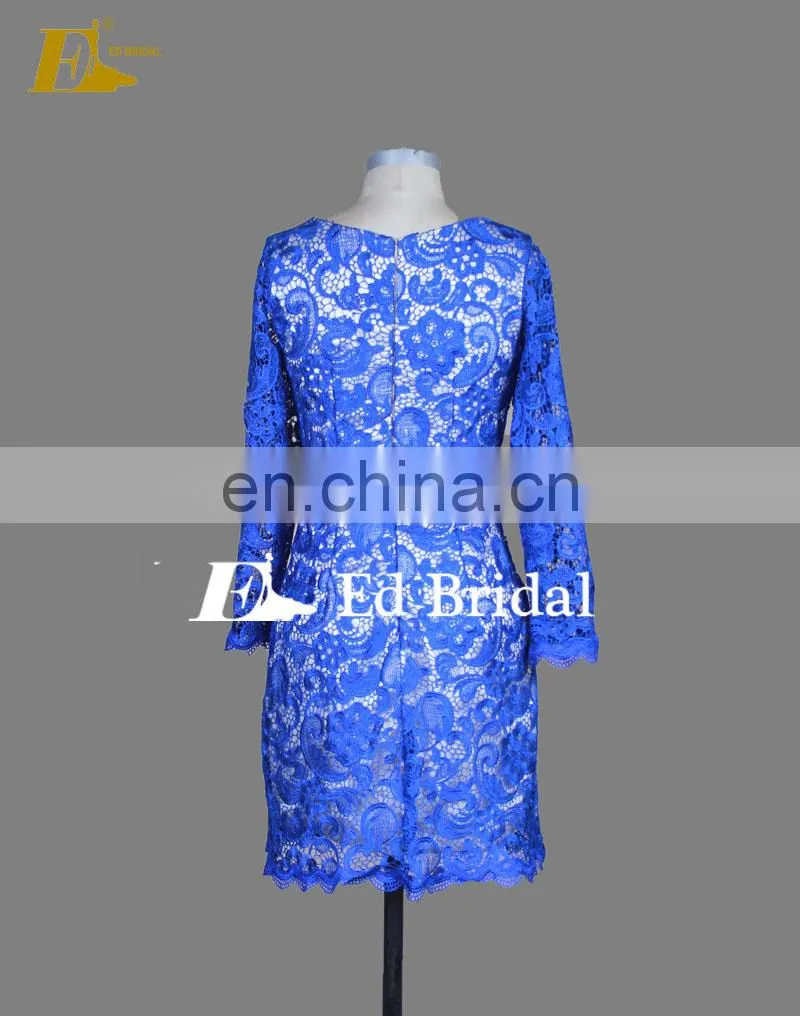 Cheap Royal Blue Scoop Neckline Knee Length Short Lace Pattern Evening Dress Long Sleeve