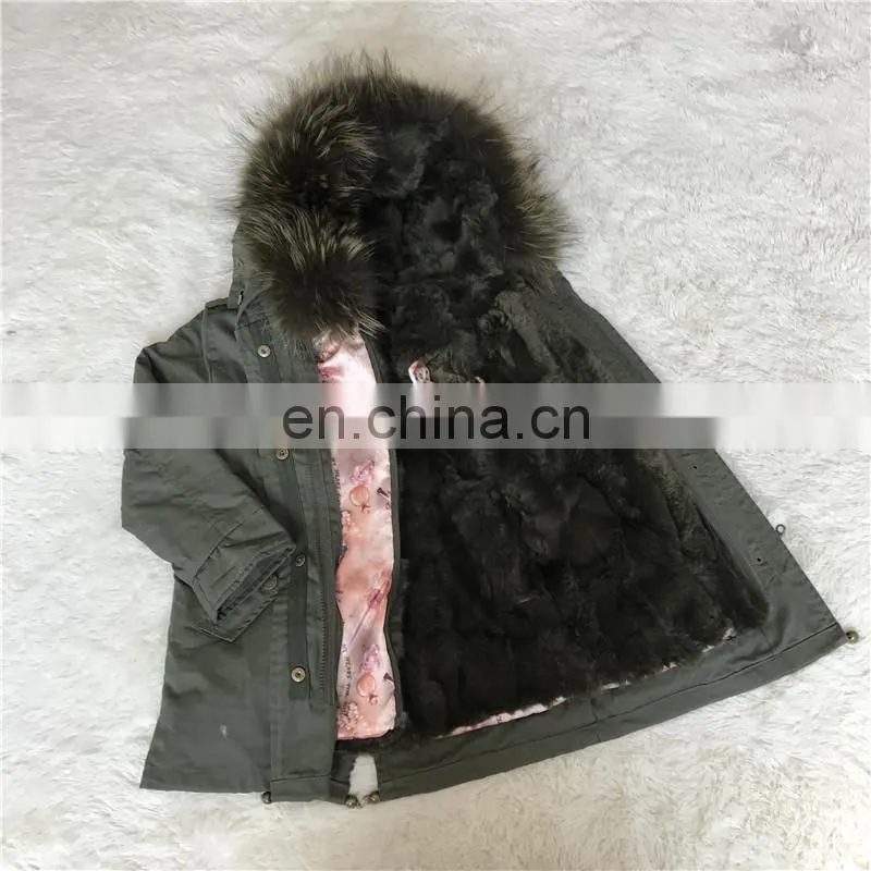 High Quality Manufacture Fashionable Winter Rose Red Rex Rabbit Fur Lining Baby Fur Parka Coat