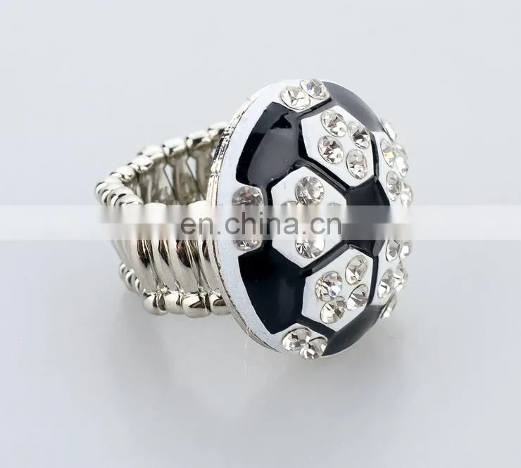 Wholesale fashion jewelry silver plating soccer rings,adjustable white rhinestone black enamel soccer rings
