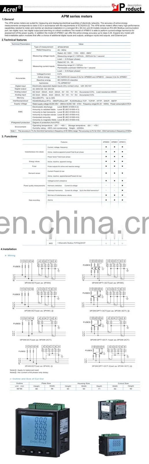 3p4w multifunction power meter three-phase electric network power quality analyser meter