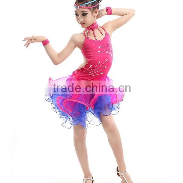 High level kids professional competition latin dance costume for girls Bright drill tassel Latin dance skirt