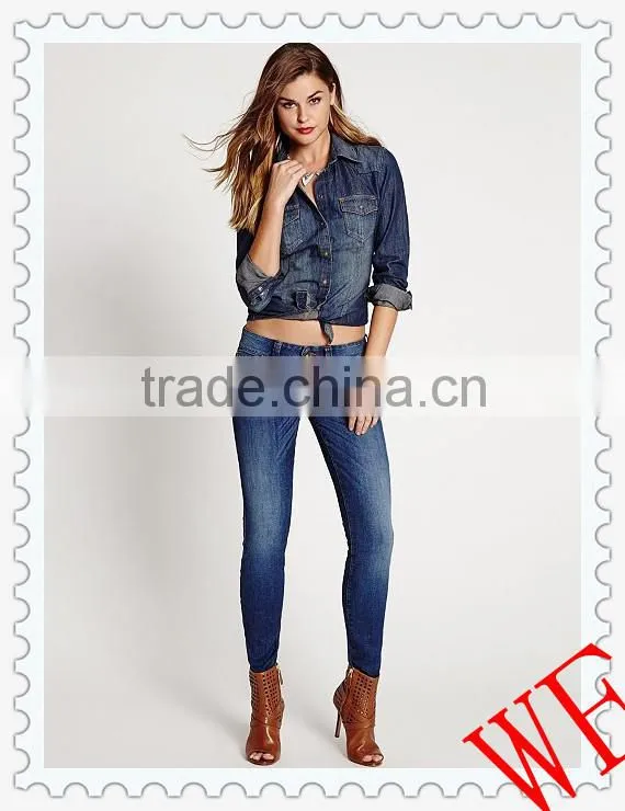 2014 autumn women's long sleeve lab washed denim loose casual shirt with two pockets