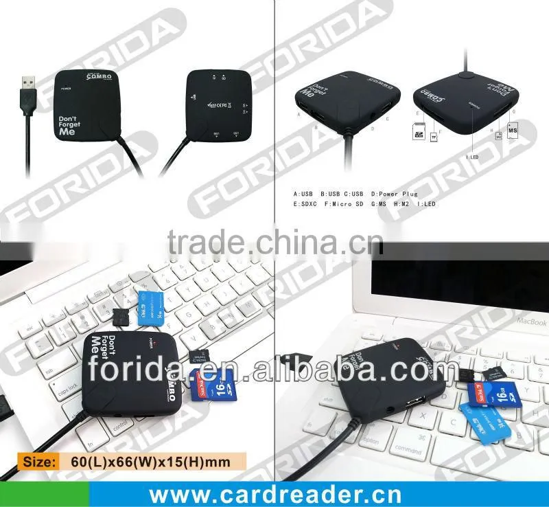 With light indicate USB 2.0 Black combo- 3 ports Hub & Card reader SD+MS+M2+TF,combo usb hub