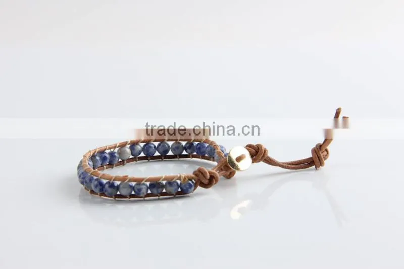 Newest popular white &blue stone leather bracelet woven lap 6 mm wear bracelet all hand needle for women chain bracelet