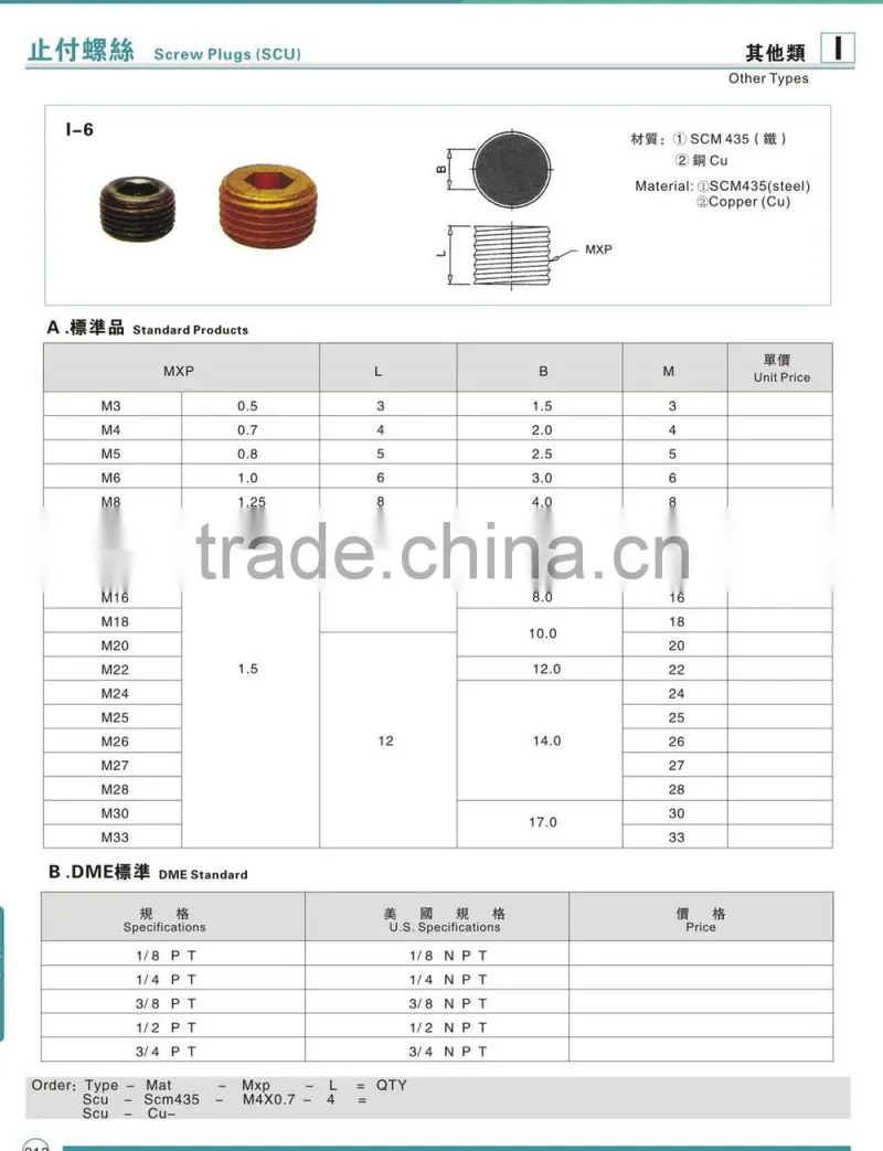 Screw Plugs/Mold Component Brass Pressures