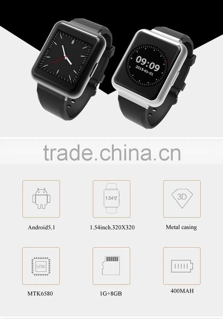 Newest Android 5.1 3G WCDMA 850/2100Mhz 3.0MP HD camera smartphone calling watch with GPS