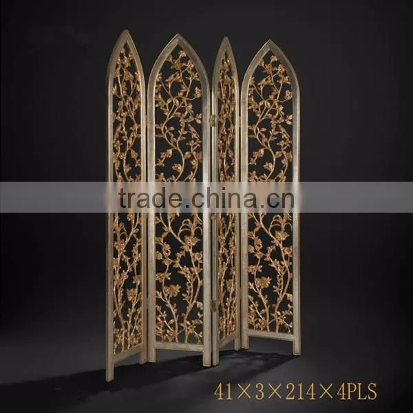 Elegant Gilt Wooden Floor Screen, Gold Painted Flower & Bird Four Panel Folding Screen, Curio Classic Furniture Decor Screen