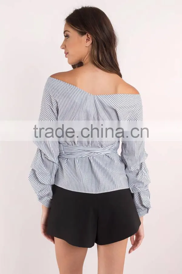 Wrap Neck Women Off Shoulder Stripe Blouse Women