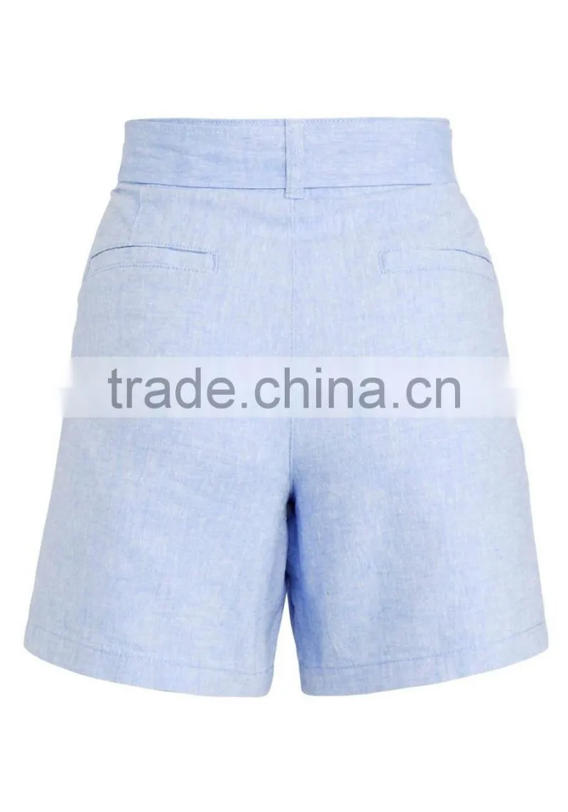 Wholesale women clothes summer casual belted cotton chambray shorts