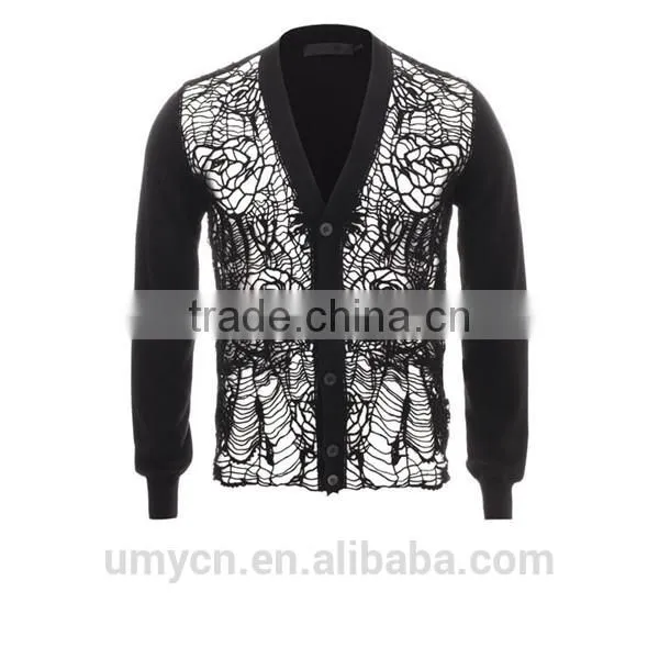 Men's new flower mesh knitted long sleeve cardigan