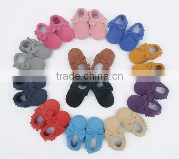 Classic design 100% suede baby moccasins with bow, bow moccains for baby