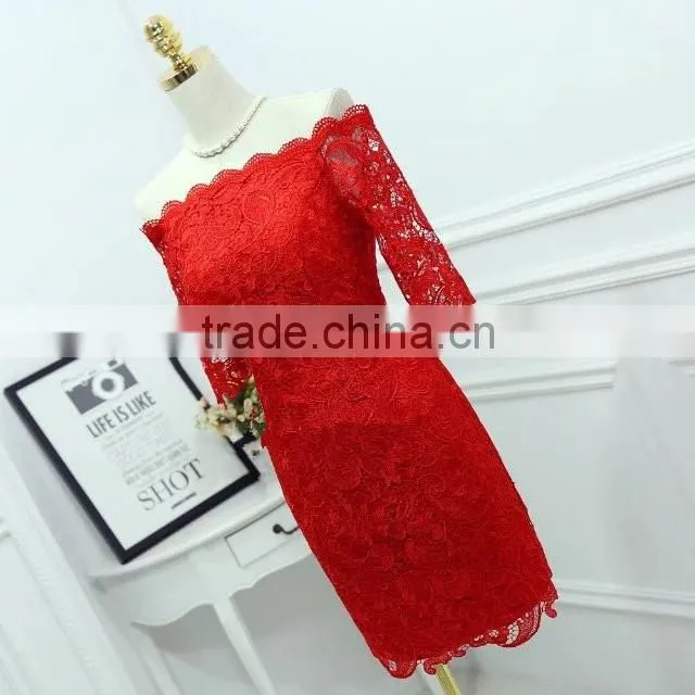 2017 New Style Custom Made sexy Elegant A-line Scalloped backless cap sleeve red lace short evening dress prom dresses ED575