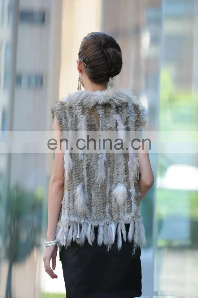 European style knitted rabbit fur vest with raccoon fur trimming for women