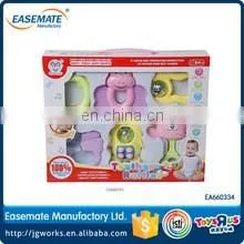 Hot selling plastic funny baby rattle and teether three color ball two-headed bear