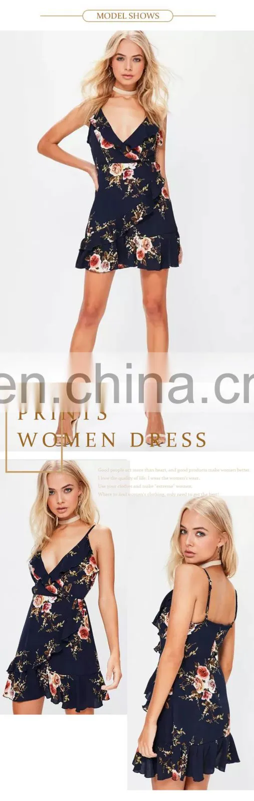 navy strappy printed flounce Backless mini lady wrap dress