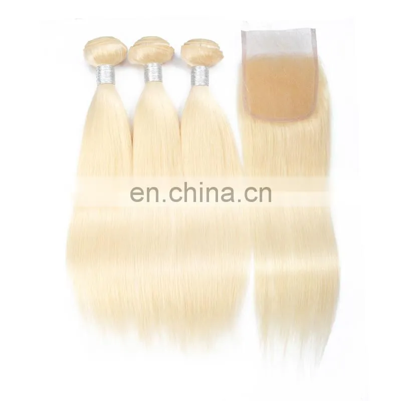 Remy hair color 613 blonde Brazilian hair closure and 3 bundles