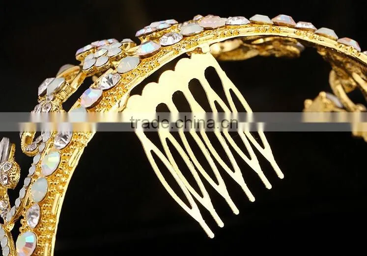 Top quality handmade bridal hair accessories luxury rhinestone crown gold plated hair accessories
