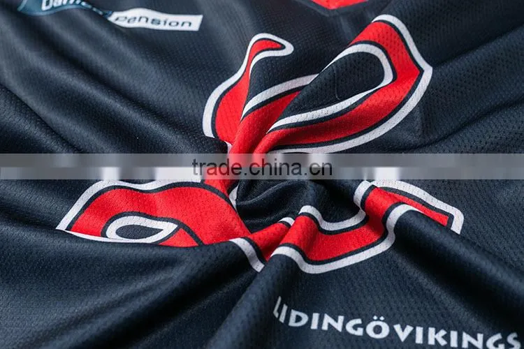 royal navy color with red neck printing sewing hockey t-shirt