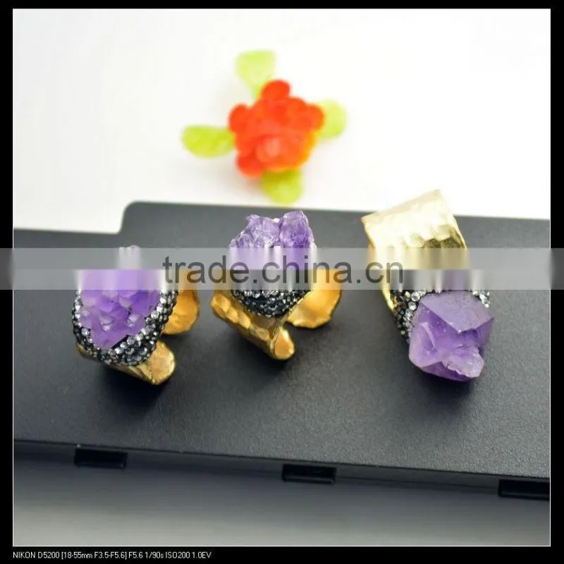 LFD-0016R ~Fashion Jewelry Gold Plated Nature Amethyst Quartz Rings, Crystal Rhinestone Paved Gems Druzy Ring Adjustable Size