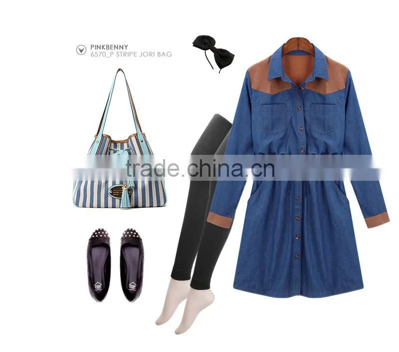 2015 fashion high quality New Arrival girls long sleeve denim winter dress with contrast color