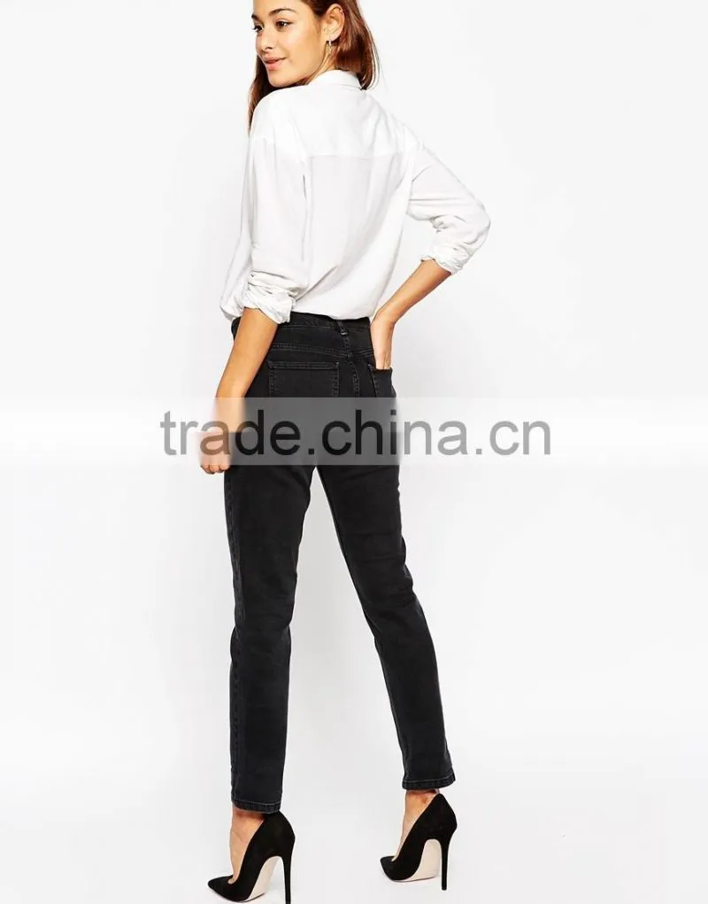 Wholesale Womens Shrunken Boyfriend Jeans in Washed Black with Thigh Rip