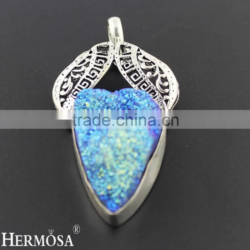 925 Sterling Silver Special Design Freedom Shape Blue Druzy Gemstone Jewel Pendant