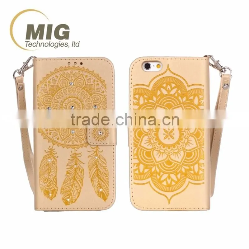 Diamond Flower wallet leather case with strap with inside TPU phone case for iphone 6 6S