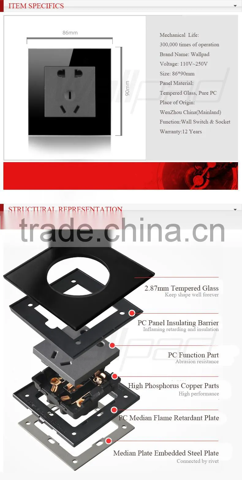Black Crystal Glass16A 110-250V 1 Gang intermediate Switch Push Button Swtich Light Wall Switch