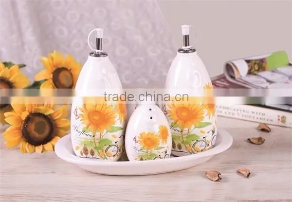 Black Ceramic Salt Pepper Oil Vinegar Cruet Set with Black Tray