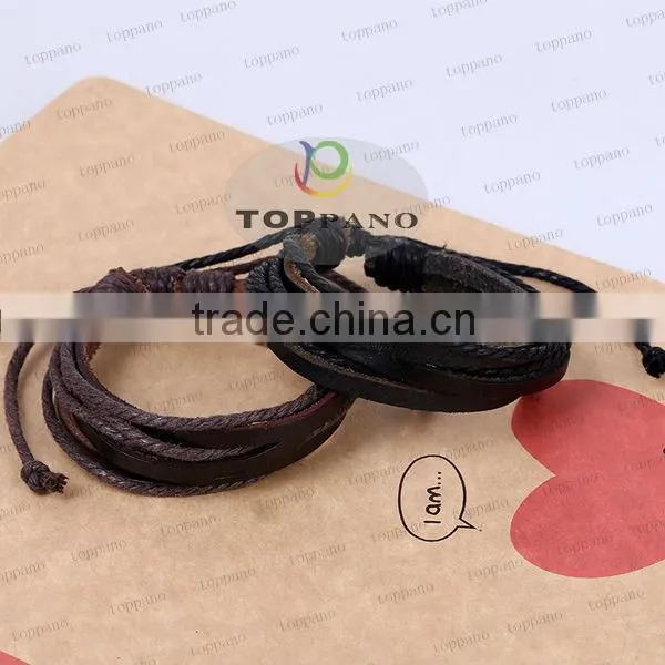 Top quality vintage style red and black stainless steel charm genuine leather bracelet for men