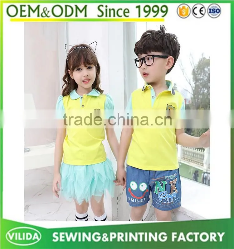 New design primary school uniform polo and skirt or shorts from china factory