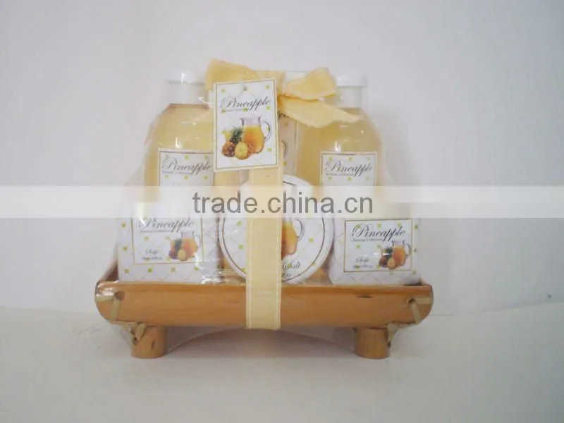 skin care set in bamboo basket with shower gel and body lotion..