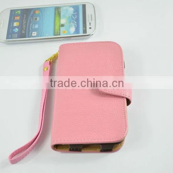 fashion real leather wallet phone case for Samsung i9500 with card slot and strap hot selling