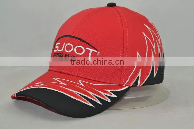 Guangzhou hat factory professional custom 6 panel / 100% cotton / / embroidery logo/brim gear shape/red baseball cap