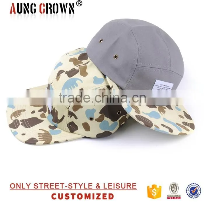 Flat brim 5 panel woven label custom fabric 5 panel camp cap
