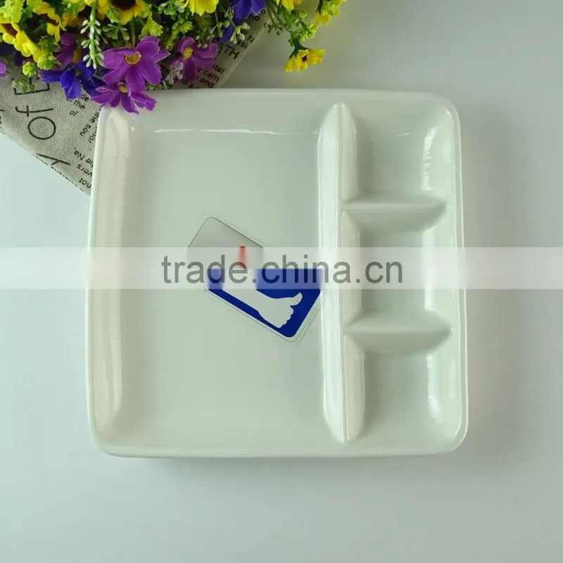 Square white porcelain divided fruit plate, cheap stock porcelain dinner plate for restaurant or hotel plate